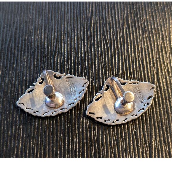 Vintage Siam Niello Sterling Silver Black Enamel Fan Screw Back Earrings - Picture 3 of 5